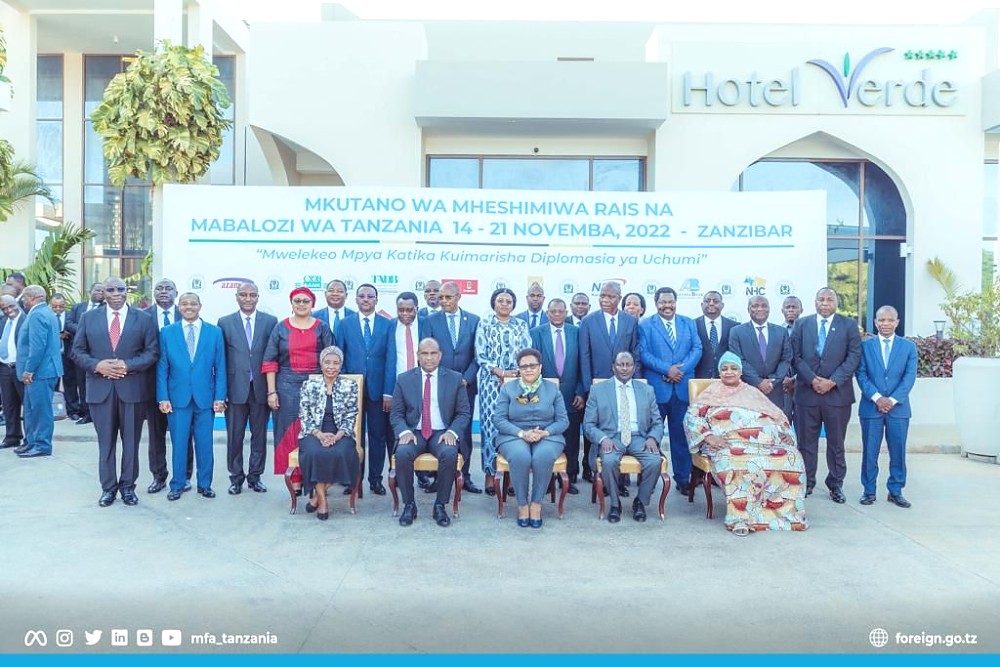 Tanzania Ambassadors from 17 African countries with Hon. Dr. Stergomena Lawrence Tax (MP), Minister of Foreign Affairs and East African Cooperation (seated centre).