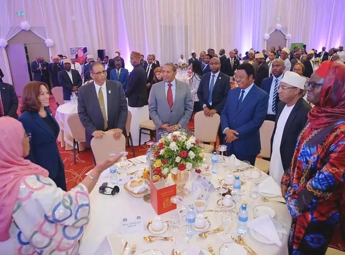 H. E. Dr. Hussein Mwinyi,, the President and Chairman of the Revolutionary Government of Zanzibar, being introduced by H. E. Samia... the President of Tanzania, to the H. E. Kamala Harris, the Vice President of USA.