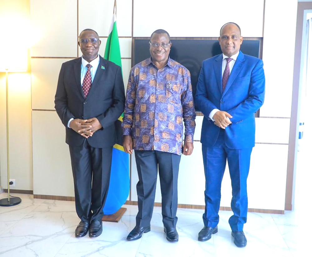 H. E. Dr. Philip Isdor Mpango, VP of Tanzania, right: Hon. Amb. Mbarouk Nassoro Mbarouk, Deputy Minister, MoFAEAC, left Ambassador Dr. Benson Bana