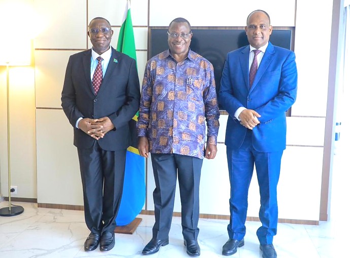 H. E. Dr. Philip Isdor Mpango, VP of Tanzania, right: Hon. Amb. Mbarouk Nassoro Mbarouk, Deputy Minister, MoFAEAC, left Ambassador Dr. Benson Bana