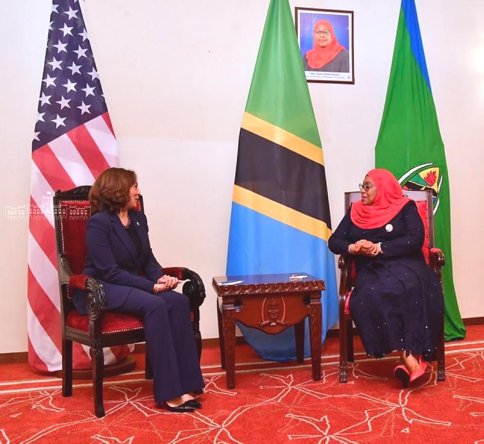 H. E. Dr. Samia Suluhu Hassan, President of the United Republic of Tanzania in discussion with Vice President, Kamila Harris.